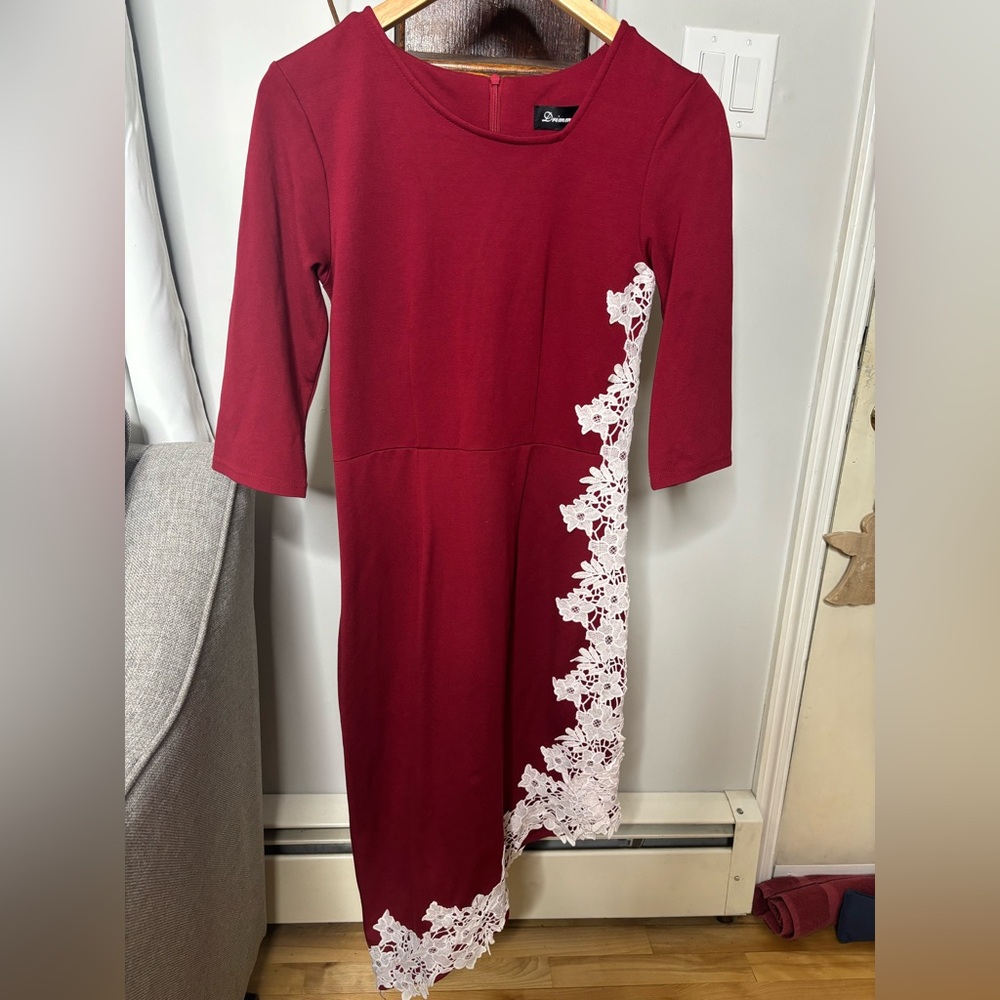 Chic Long Sleeve Burgundy Dress with Lace by Abrand